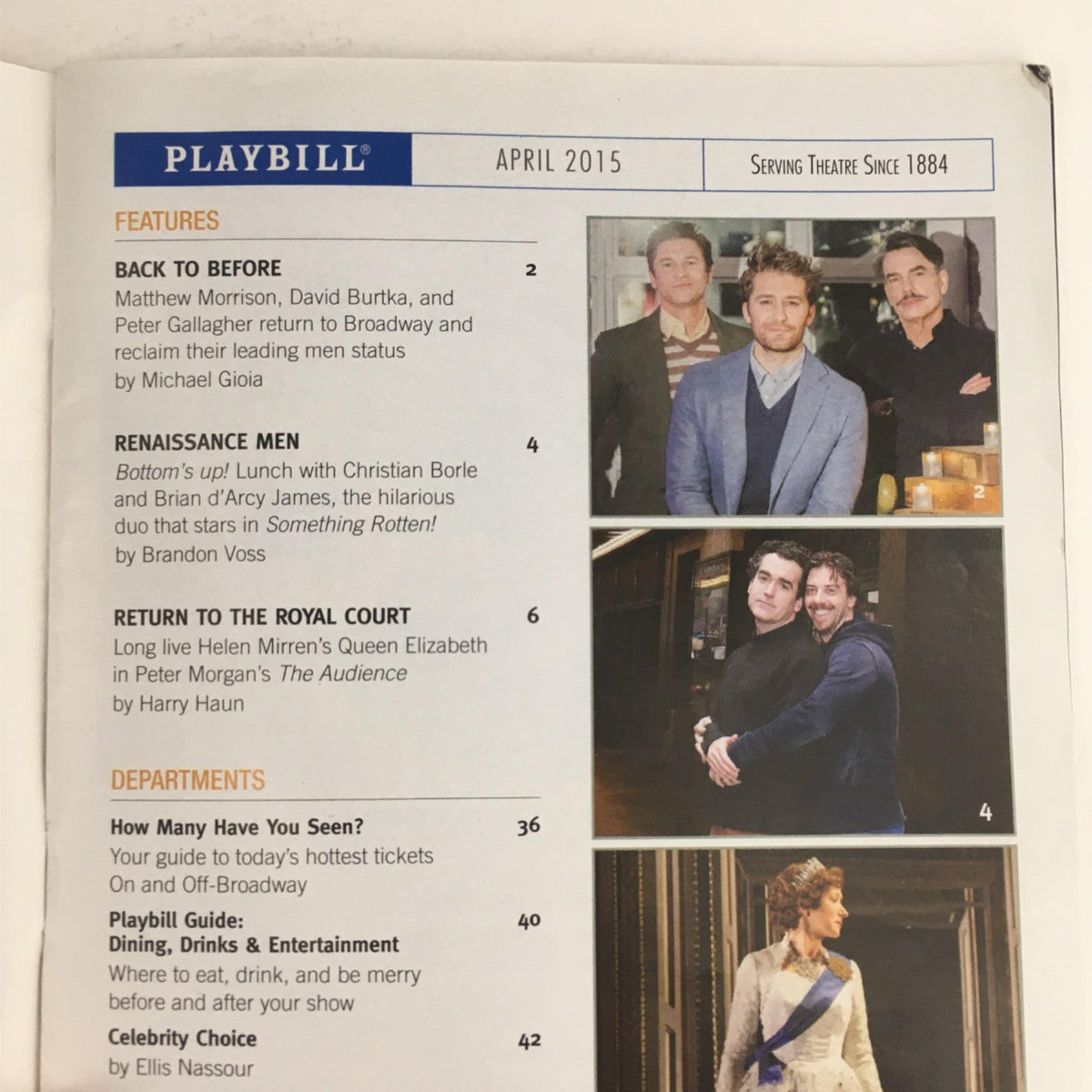 2015 Playbill Kinky Boots featuring images of cast members at Al Hirschfeld Theatre, showcasing theater highlights in April 2015.