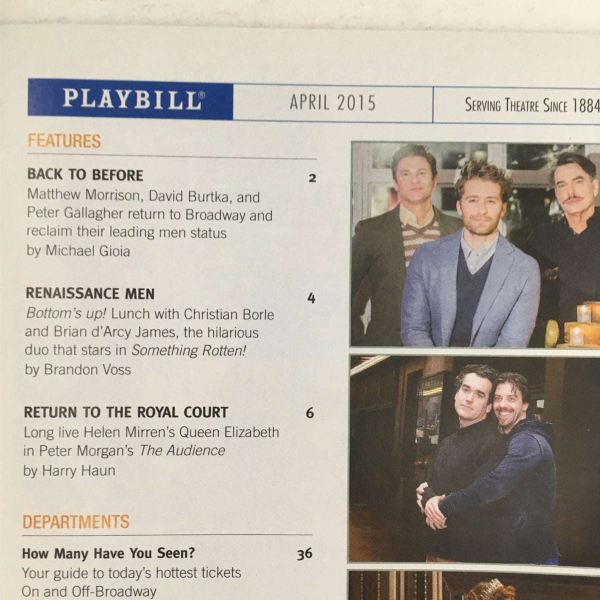 Inside view of the April 2015 Playbill for Kinky Boots at Al Hirschfeld Theatre showcasing featured articles and actor profiles.
