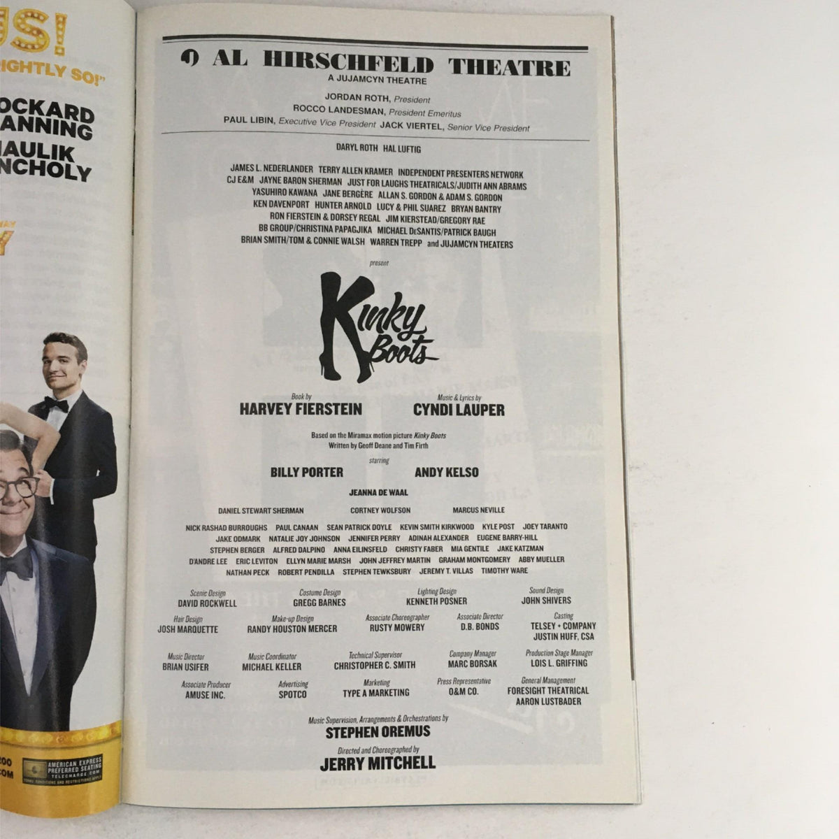Cast list of Kinky Boots in the 2015 Playbill at Al Hirschfeld Theatre, including Harvey Fierstein and Cyndi Lauper.
