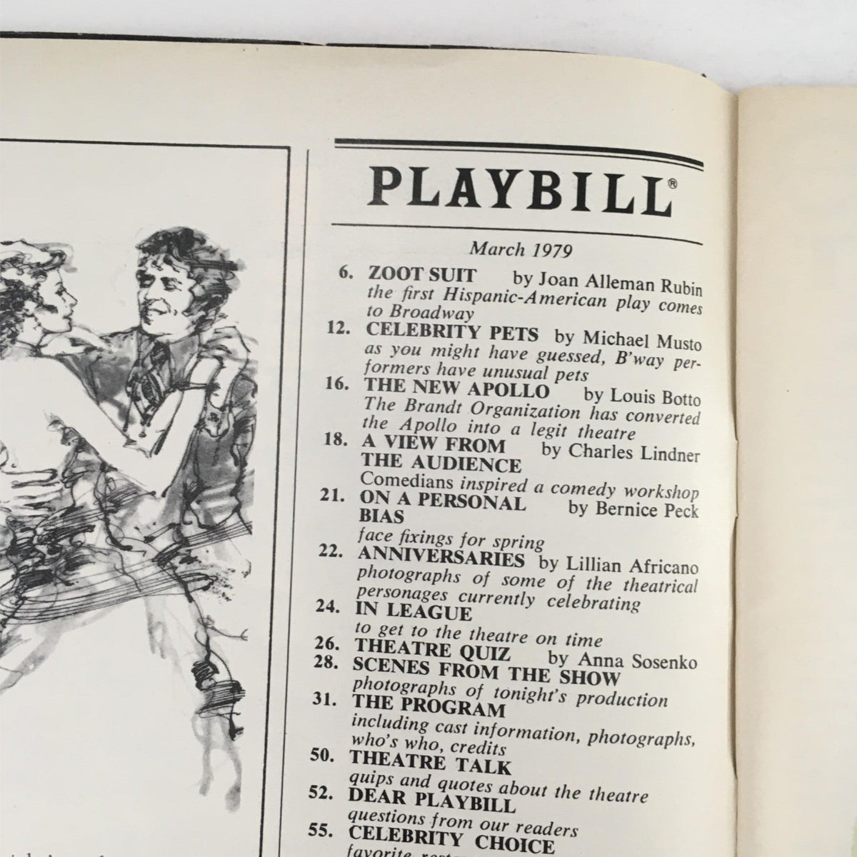 Inside page of the 1979 Playbill Sarava by Rick Atwell featuring a list of contents and articles related to the show.
