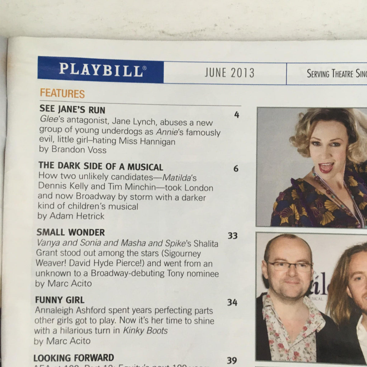 Inside page from the June 2013 Playbill featuring articles related to Broadway productions, notable actors, and upcoming shows.