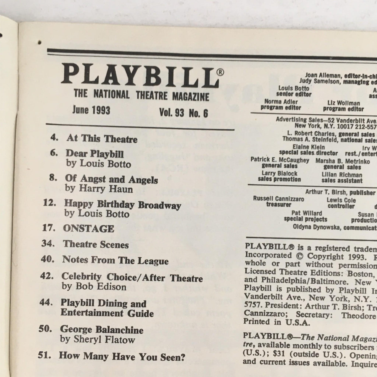 Inside page of the June 1993 Playbill for Kiss of the Spider Woman, featuring the table of contents and articles related to the production.