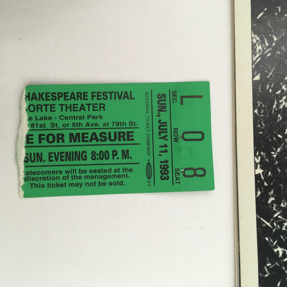 Original ticket for Measure For Measure performance on July 11, 1993, at Delacorte Theatre, attached below the Playbill.