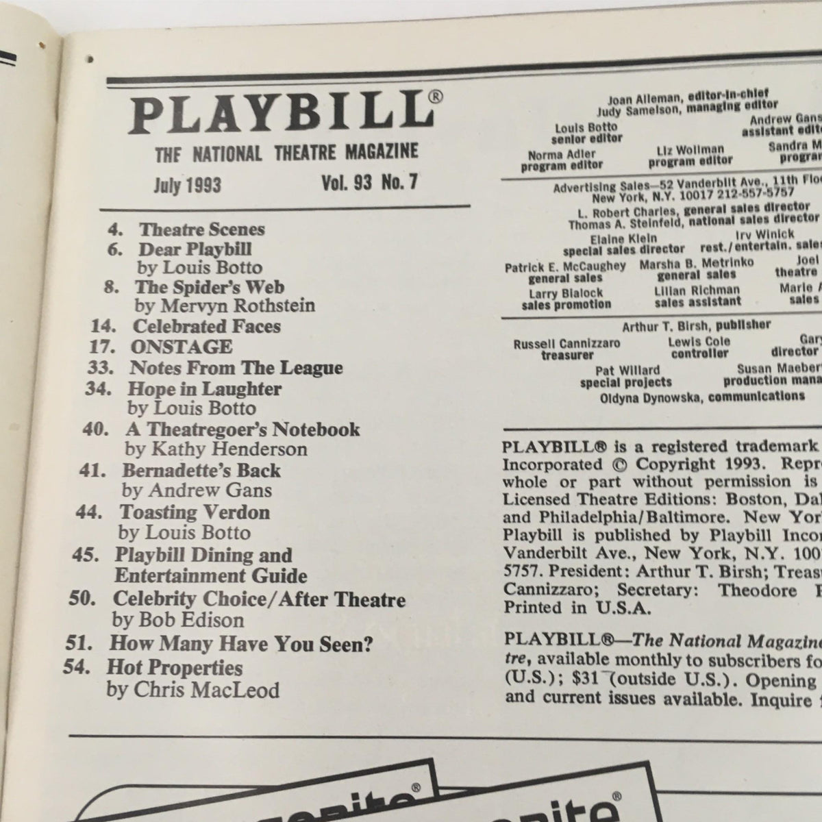 Interior page of the July 1993 Playbill featuring various theatrical articles and listings, including Measure For Measure.