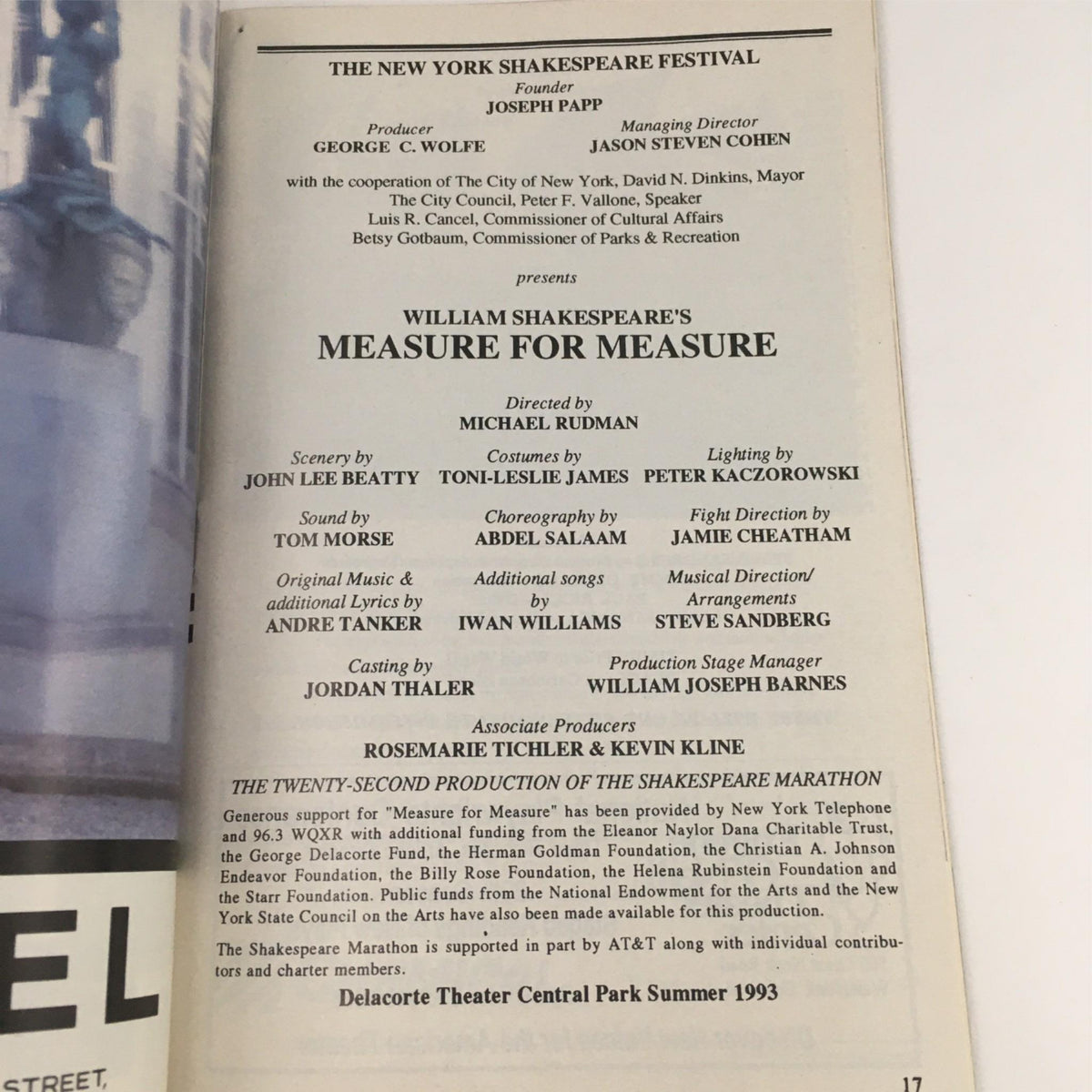 Production details for Measure For Measure directed by Michael Rudman, including credits and acknowledgments from the 1993 Playbill.