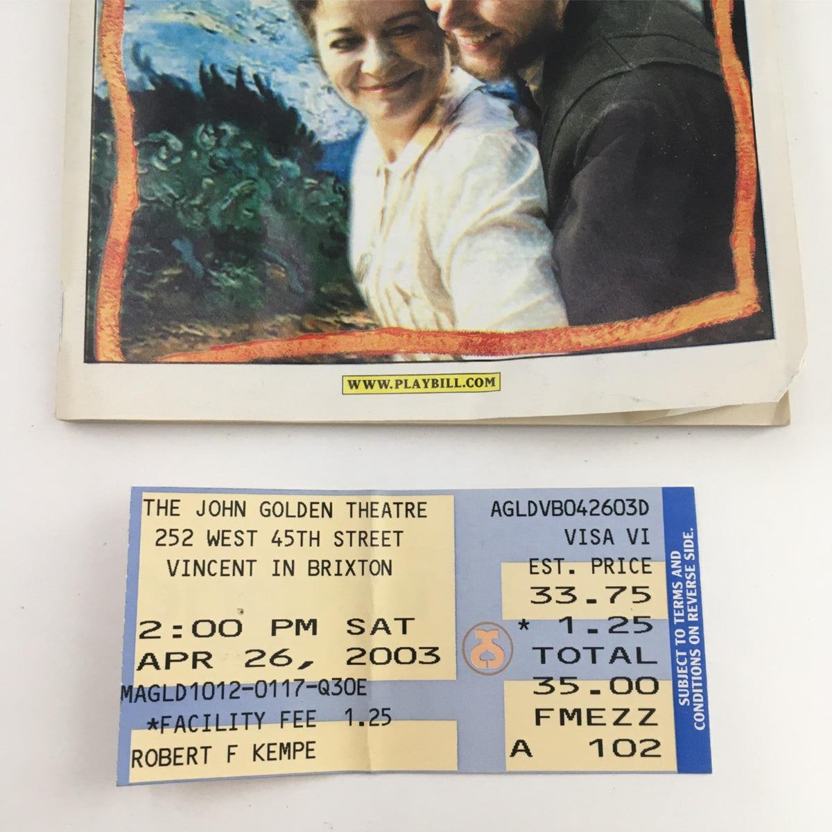 2003 Playbill for 'Vincent in Brixton' with attached ticket stub, highlighting details of the performance at the Golden Theatre.