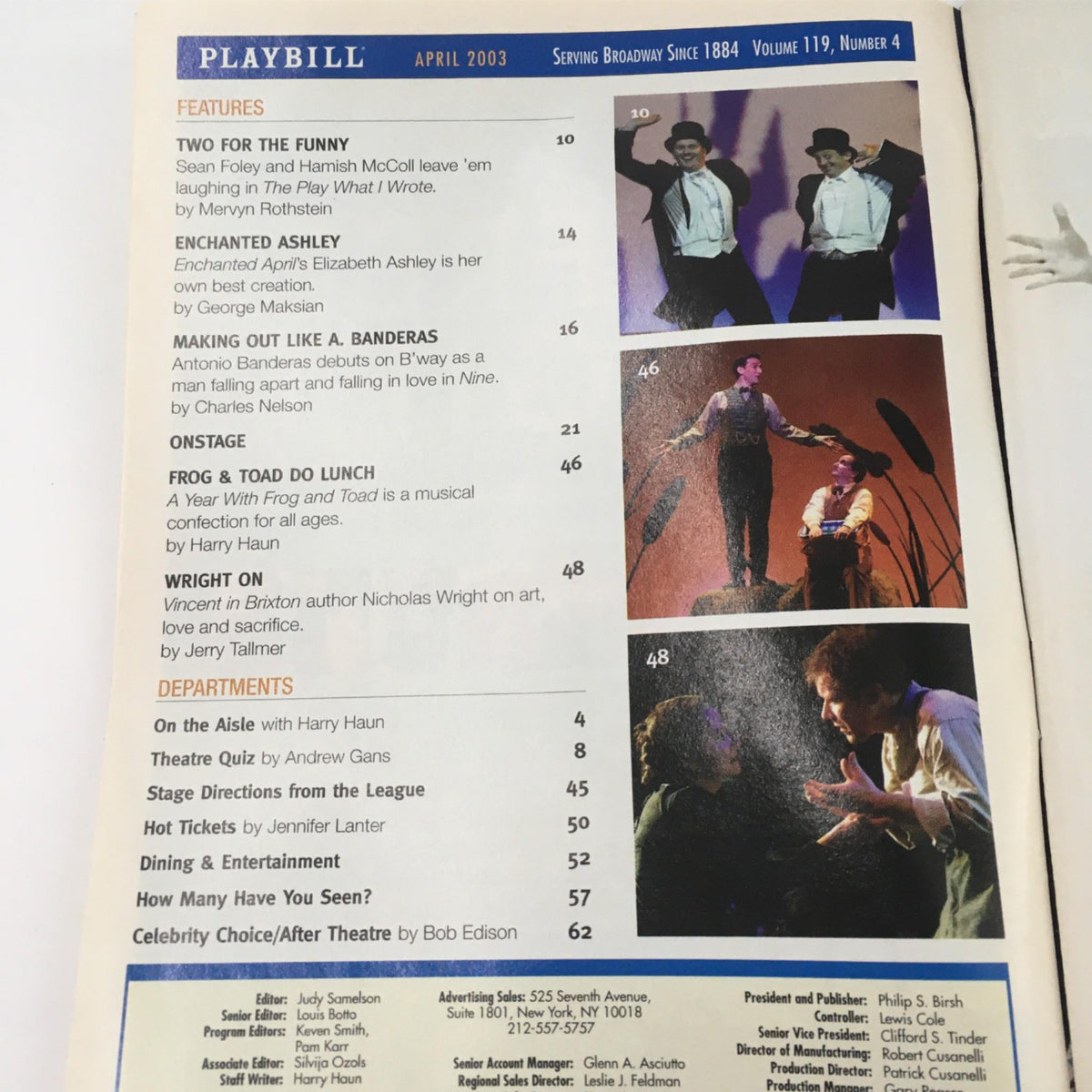 Interior page of 2003 Playbill for 'Vincent in Brixton', displaying feature articles and cast information from the April 2003 edition.