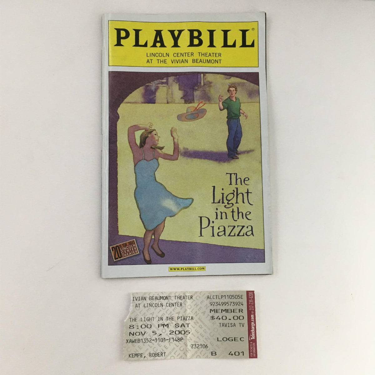 2005 Playbill The Light in the Piazza featuring a colorful cover illustration and original ticket from Lincoln Center Theatre.