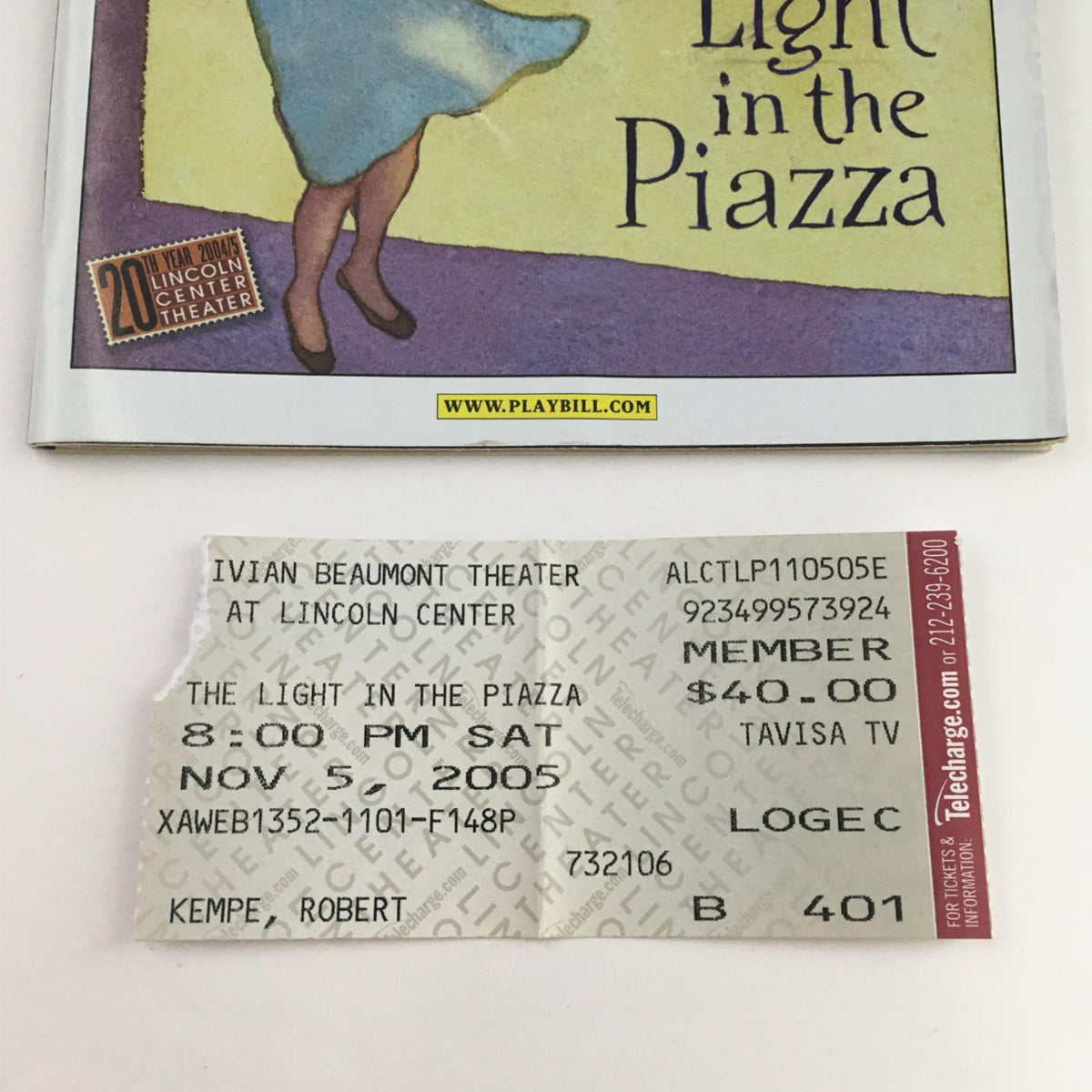 Close-up of the 2005 Playbill The Light in the Piazza alongside the original ticket dated November 5, 2005, from Lincoln Center Theatre.