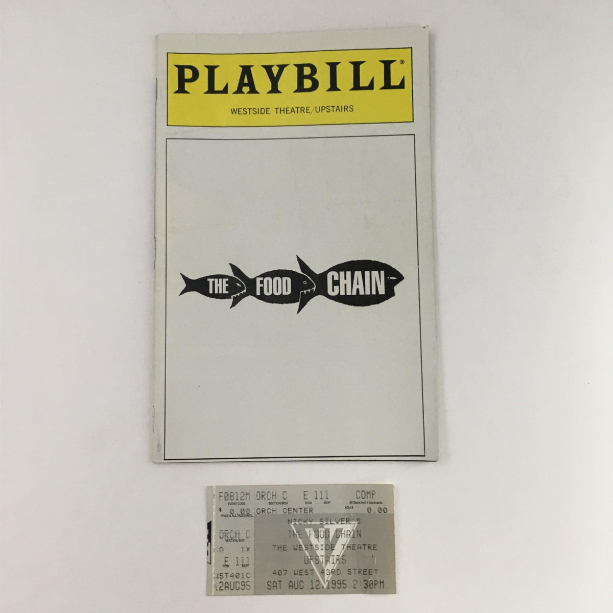 1995 Playbill for The Food Chain featuring a unique cover design and original ticket from the performance at Westside Theatre, showcasing New York's theatrical history.