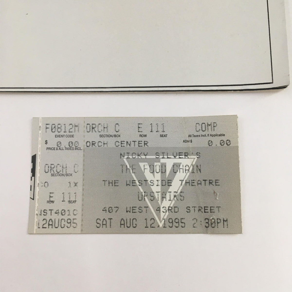 Original ticket for The Food Chain, a 1995 production at Westside Theatre, with details of the show date and location.