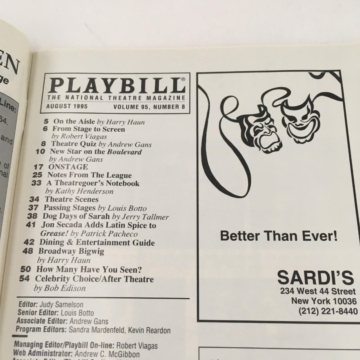 Inside view of the 1995 Playbill for The Food Chain, highlighting articles and advertisements relevant to the theatrical scene.