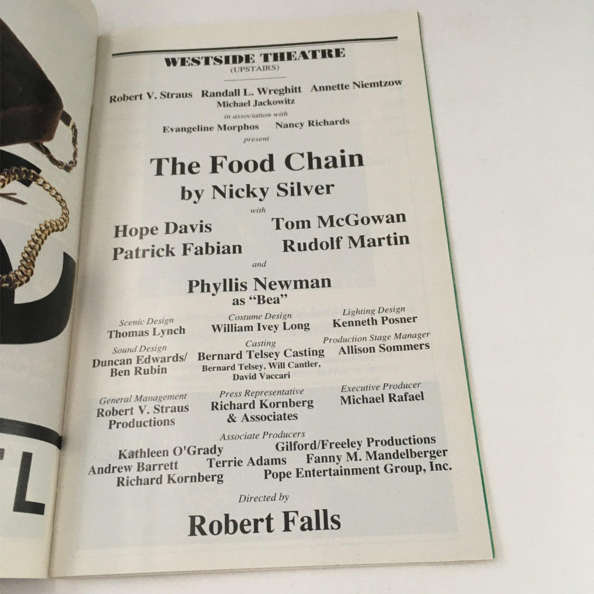 Credits page of the 1995 Playbill for The Food Chain, listing the cast, creative team, and production details at Westside Theatre.
