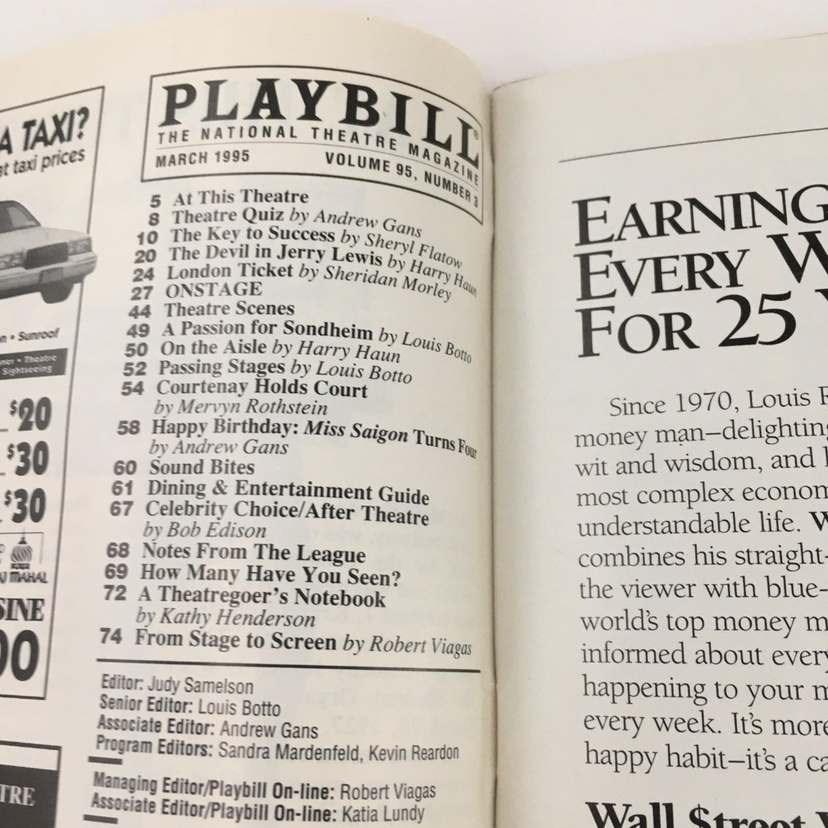 Inside page of the 1995 Playbill for Phantom of the Opera featuring articles and editor's notes, highlighting various performances and events, titled 'PLAYBILL MARCH 1995, VOLUME 95, NUMBER 3'.