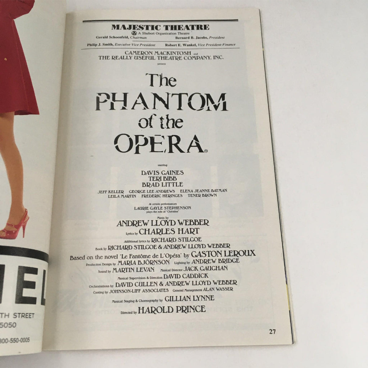 Page displaying the cast and production details of the Phantom of the Opera in the 1995 Playbill, showcasing Davis Gaines, Teri Bibb, and Harold Prince as key contributors at the Majestic Theatre.