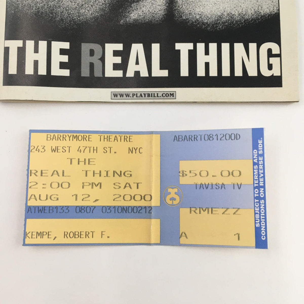 2000 Playbill The Real Thing with a close-up of the original ticket featuring details of the performance at the Barrymore Theatre.