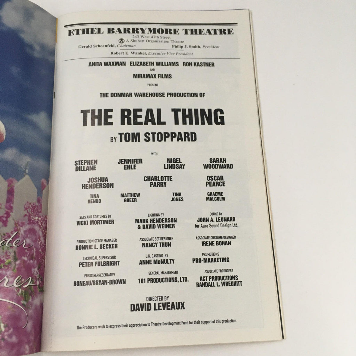 2000 Playbill The Real Thing detailing the cast and creative team behind the play, directed by David Leveaux at Ethel Barrymore Theatre.