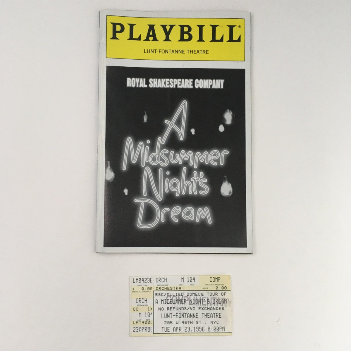 1996 Playbill A Midsummer Night's Dream by William Shakespeare at Lunt-Fontanne featuring the Royal Shakespeare Company, along with an event ticket.