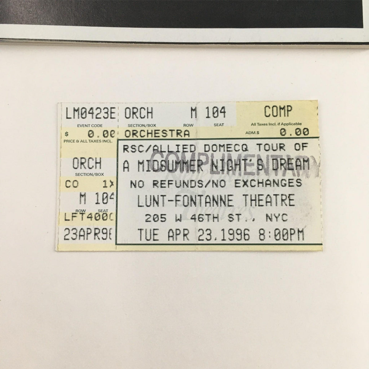 Ticket for the 1996 performance of A Midsummer Night's Dream by William Shakespeare at Lunt-Fontanne Theatre.
