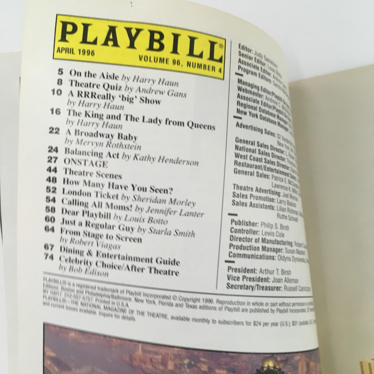 Inside page of the 1996 Playbill for A Midsummer Night's Dream, listing articles and features related to the performance.