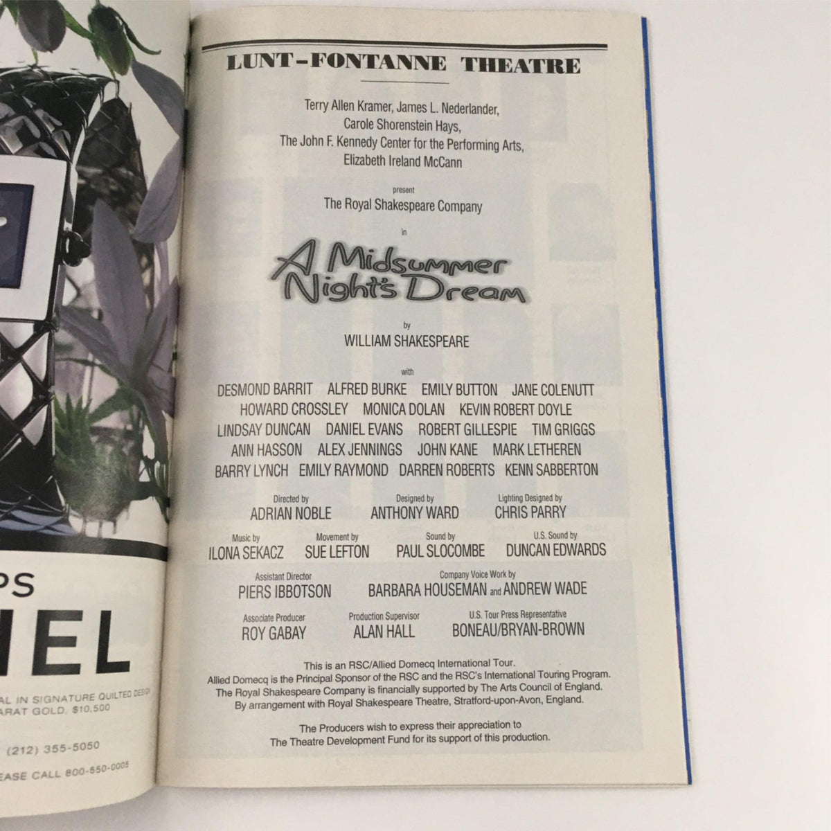 Program page from the 1996 Playbill for A Midsummer Night's Dream, detailing the Royal Shakespeare Company's cast and crew.