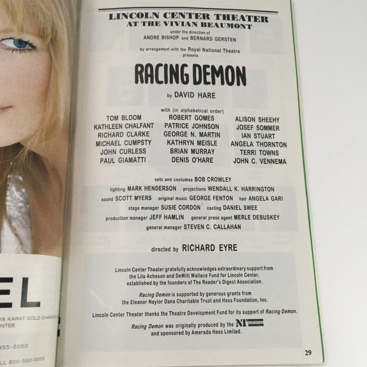 Page from the 1995 Playbill for Racing Demon by David Hare, listing the cast and creative team from Lincoln Center Theatre.