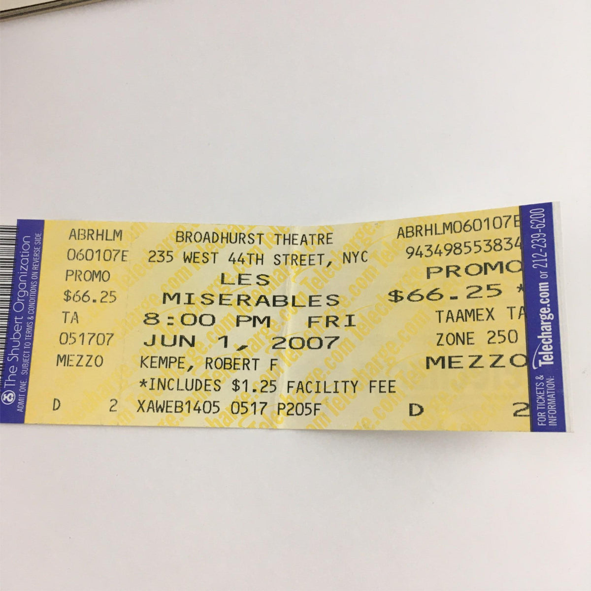 2007 Playbill Les Miserables ticket from Broadhurst Theatre, dated June 1, 2007, showcasing details of the performance.
