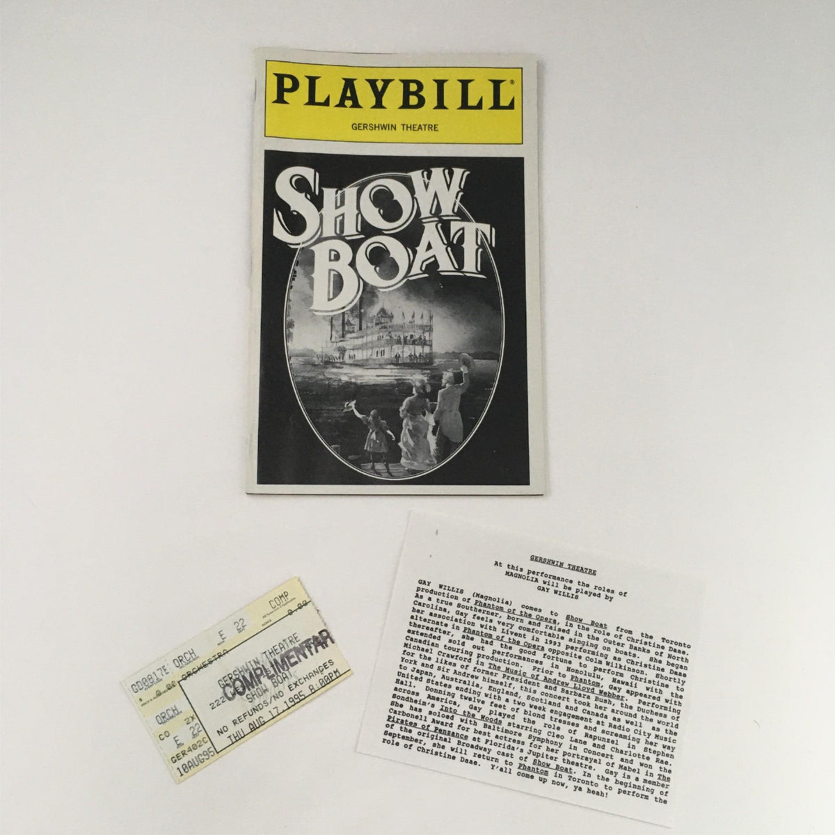 1995 Playbill Show Boat by Harold Prince at Gershwin Theatre displaying the cover and original ticket.