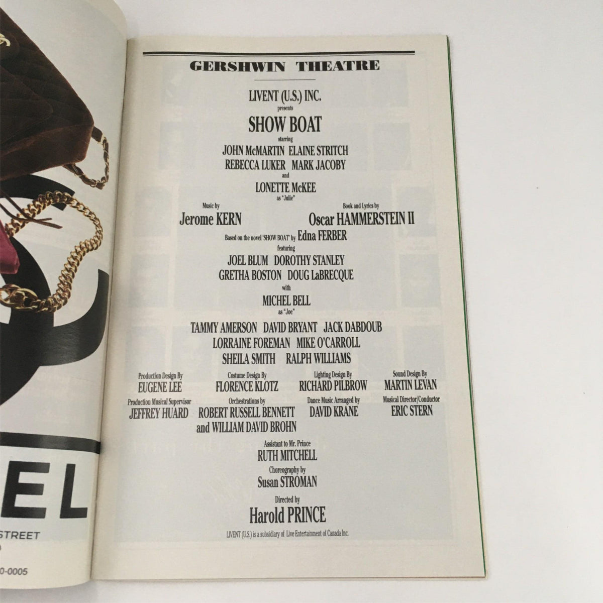 Gershwin Theatre page from the 1995 Playbill Show Boat listing key cast and crew members.