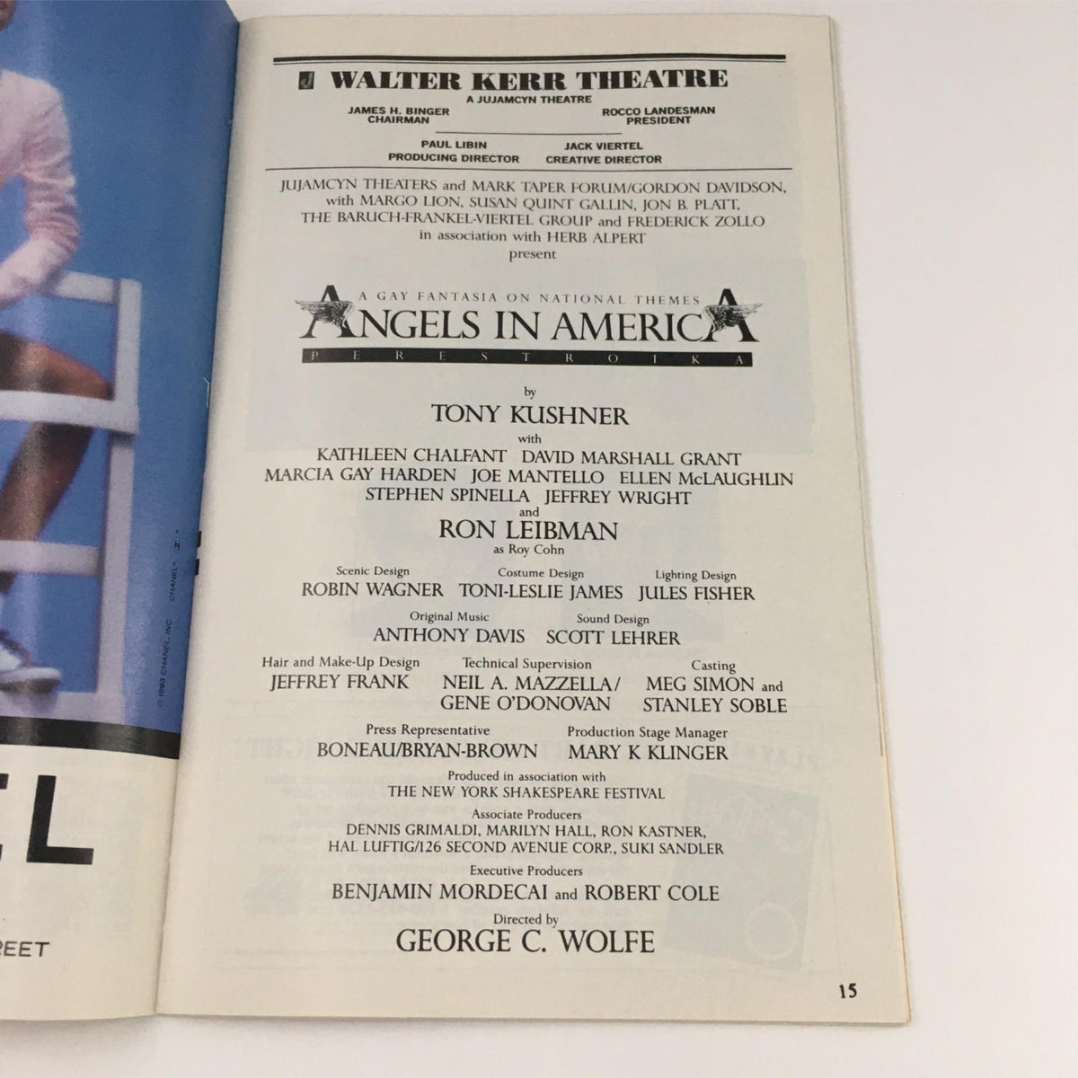 Interior page from the 1994 Playbill of 'Angels in America,' listing cast and crew details along with production credits, directed by George C. Wolfe.