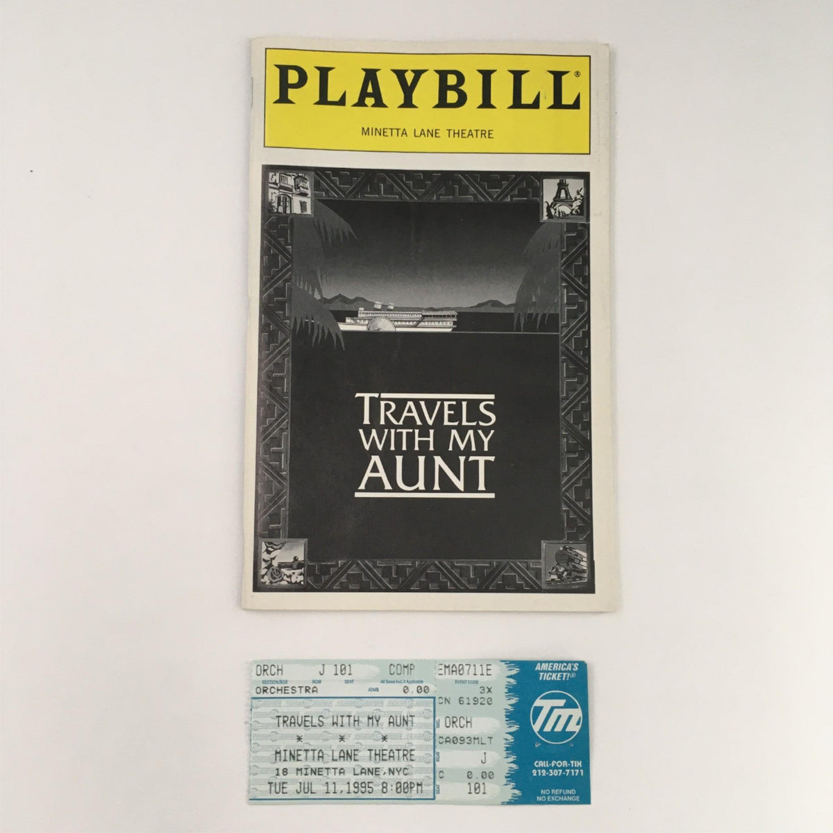 1995 Playbill for 'Travels with My Aunt' featuring Jim Dale and Brian Murray at Minetta Lane Theatre, includes original ticket.