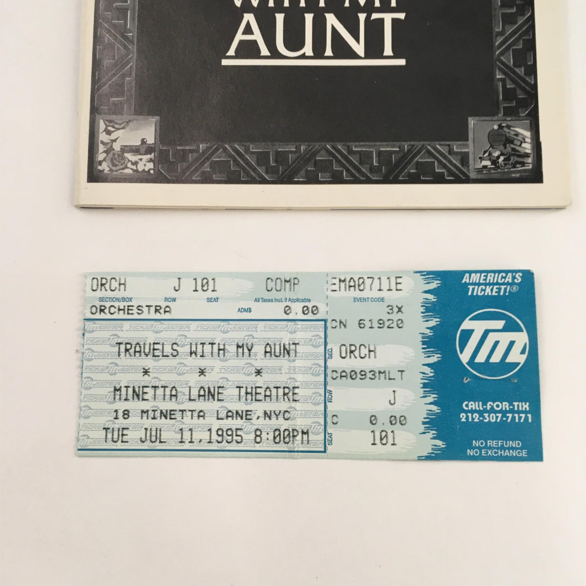 Original ticket from 'Travels with My Aunt' performance on July 11, 1995 at Minetta Lane Theatre, part of the 1995 Playbill collection.