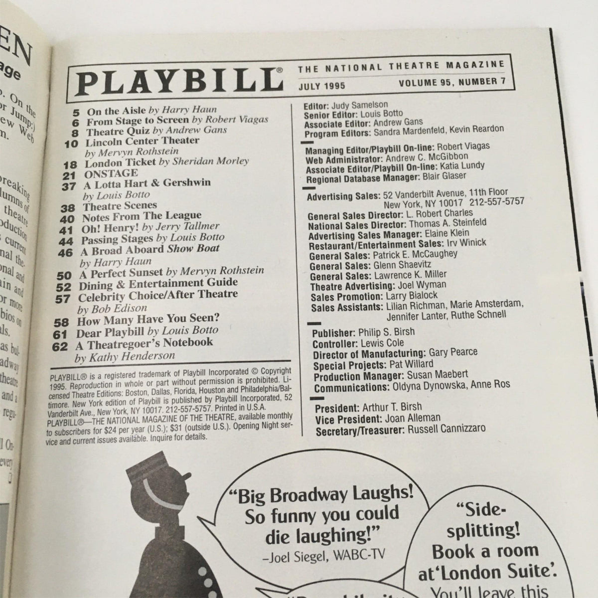 July 1995 issue of the Playbill magazine, featuring listings and advertisements for various theatrical performances.