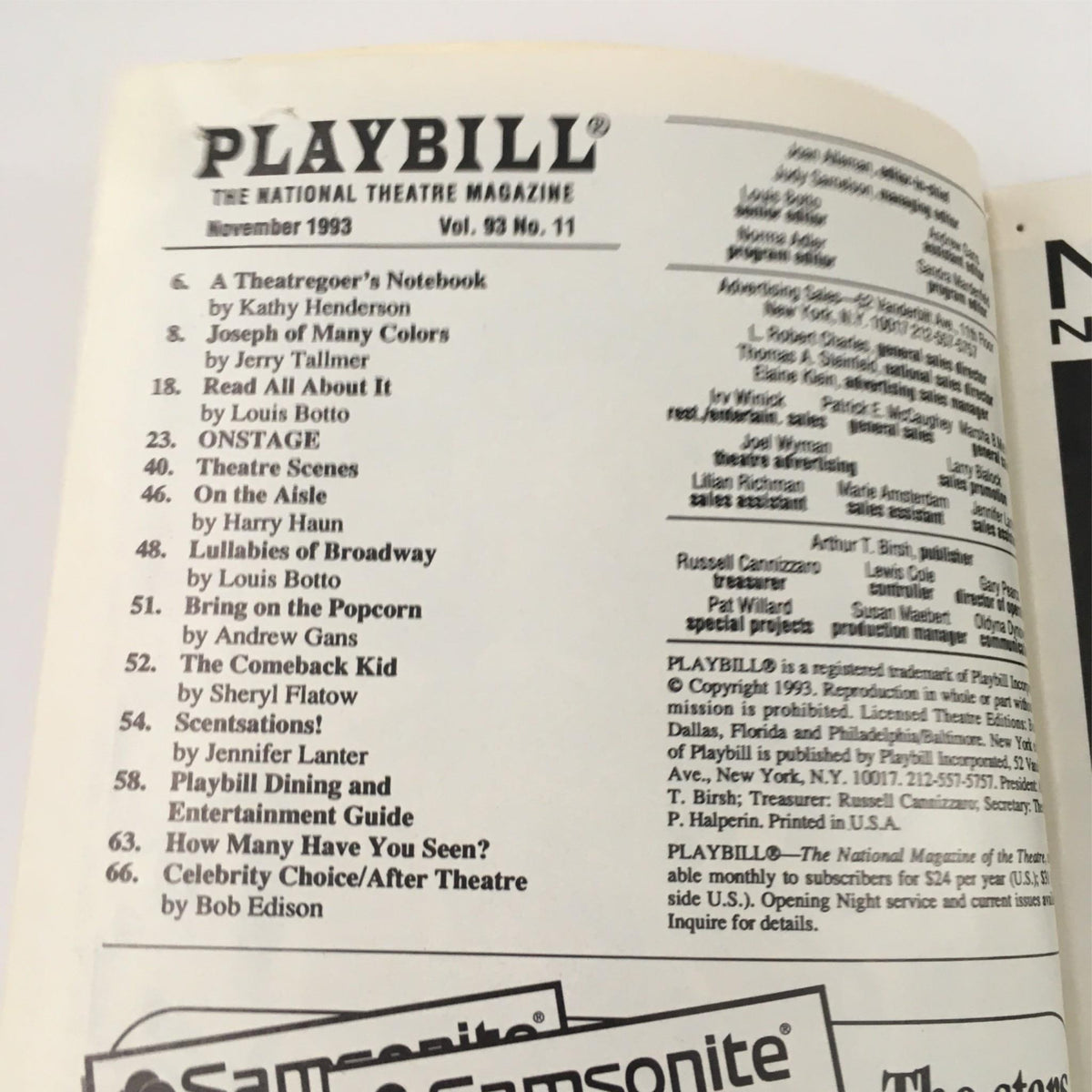 Interior page of the November 1993 Playbill, including information and articles related to The Kentucky Cycle and other theatre productions.