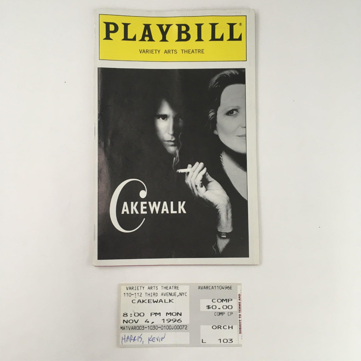 1996 Playbill for Cakewalk by Peter Feibleman, featuring cover art and performance details from the Variety Arts Theatre.