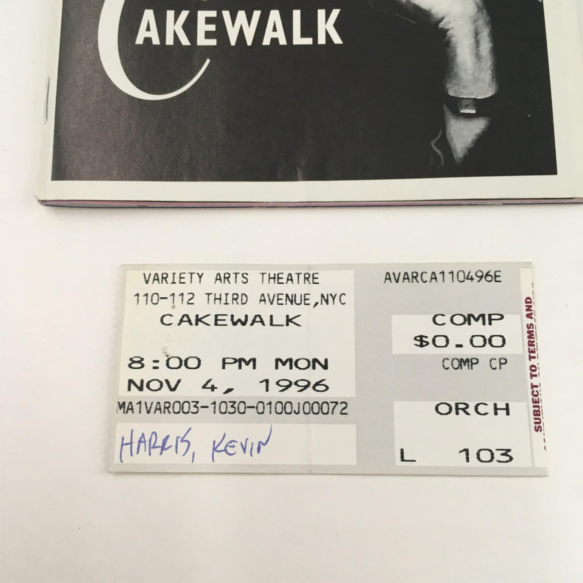 Original ticket from the 1996 performance of Cakewalk at the Variety Arts Theatre, NYC, attached to the Playbill.