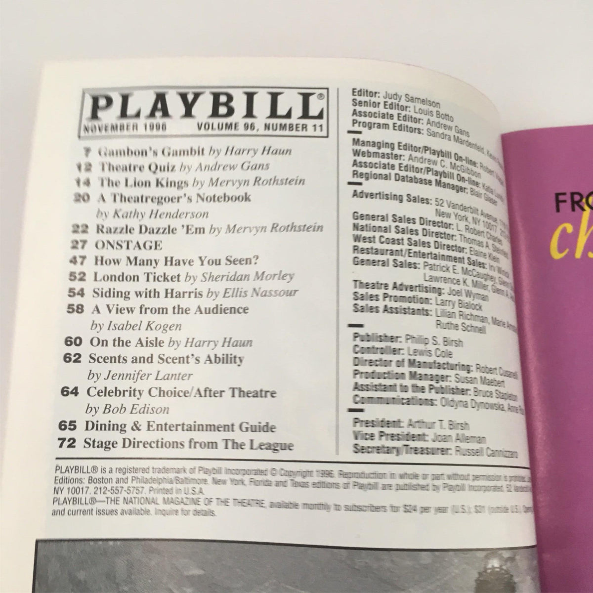 Contents page from the 1996 Playbill for Cakewalk, listing articles and advertisements within the publication.