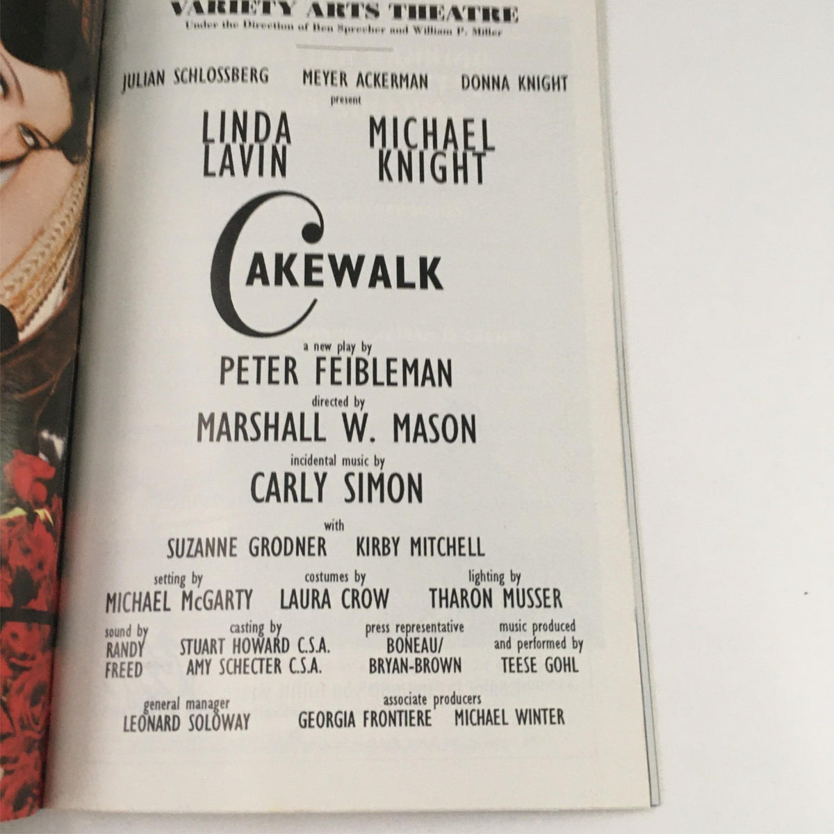 Cast and crew credits page from the 1996 Playbill for Cakewalk, featuring the names of director Marshall W. Mason and playwright Peter Feibleman.