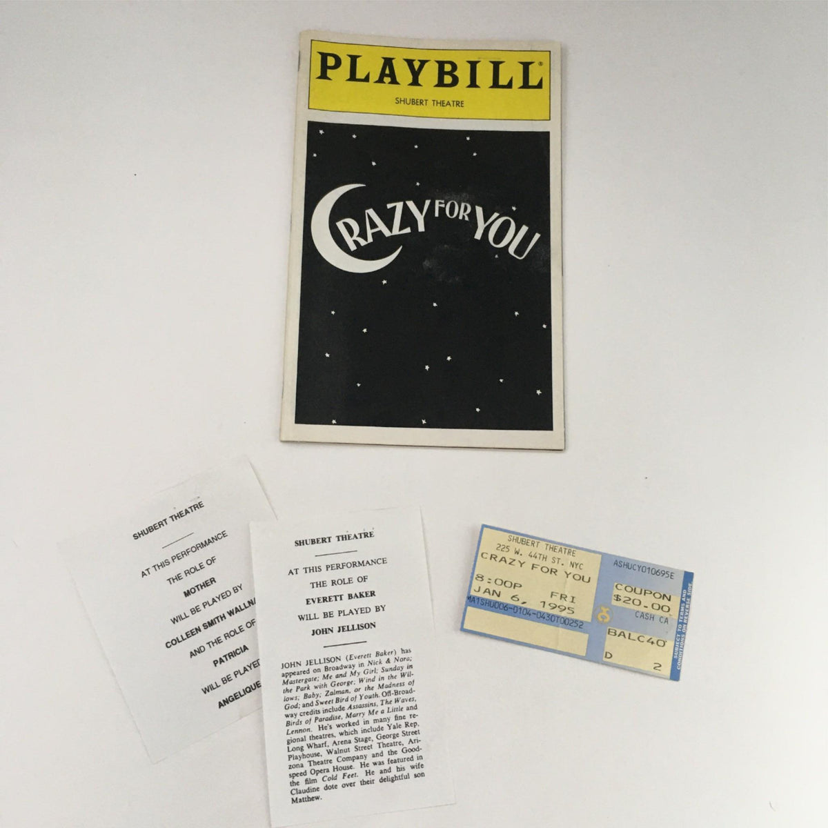 1995 Playbill Crazy For You featuring the cover, ticket stubs, and program details from the Shubert Theatre.