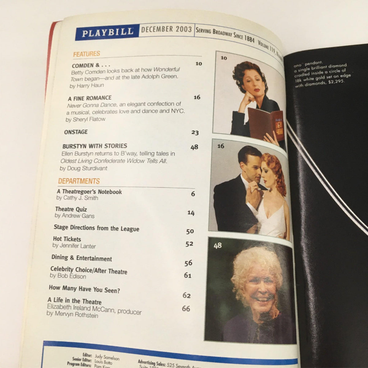 December 2003 Playbill featuring the layout and contents of the magazine, showcasing additional theatrical articles and performances.