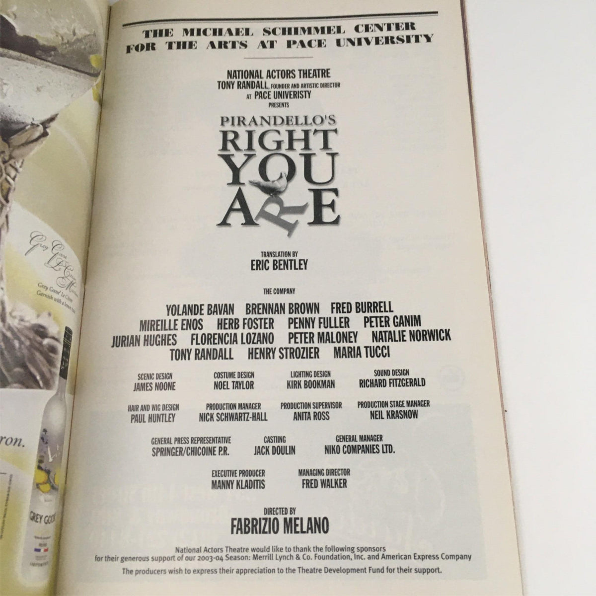 2003 Playbill Right You Are by Fabrizio Melano at The National Arts Theatre featuring cast and crew details, including iconic names such as Yolande Bavan and Fred Burrell, highlighting the theatrical production's rich history.