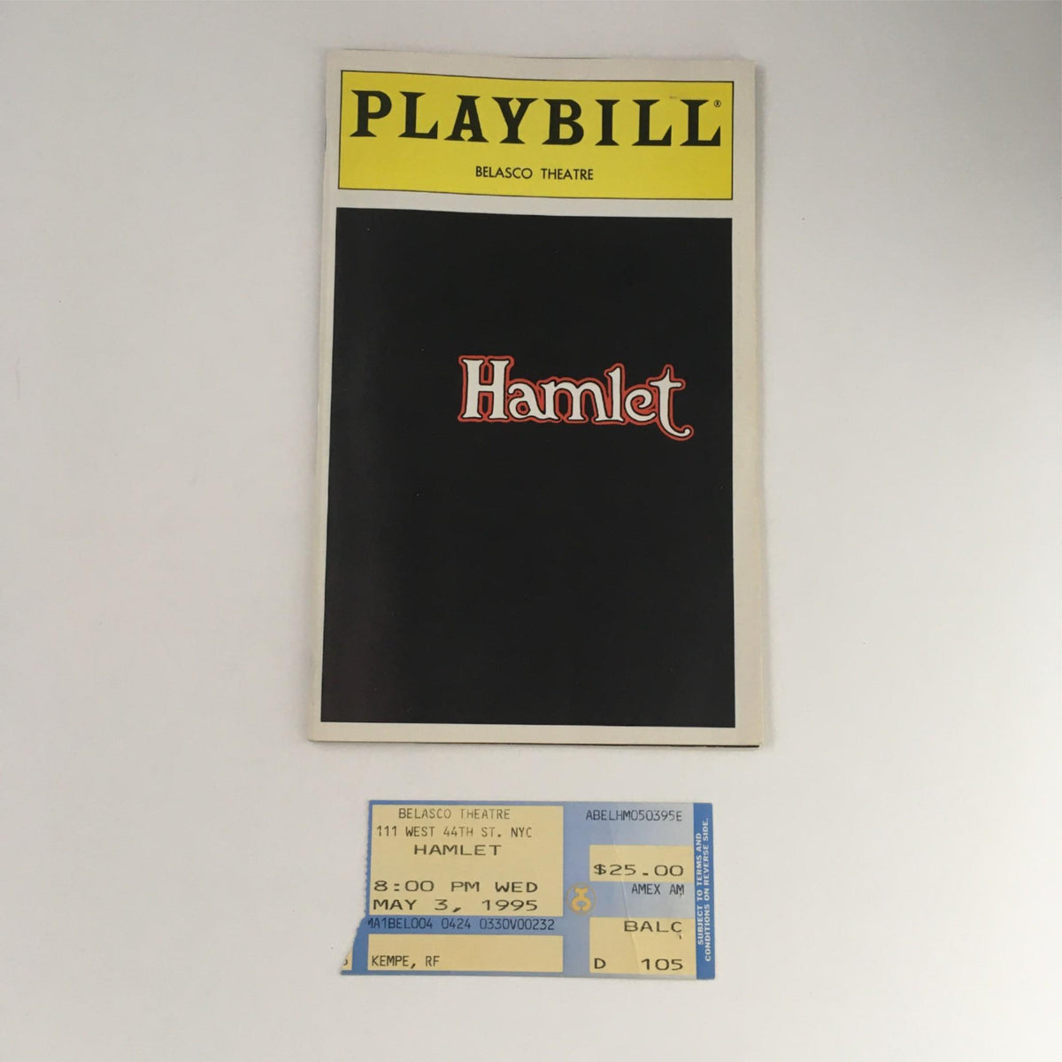 1995 Playbill for Hamlet by William Shakespeare, directed by Jonathan Kent, featuring the cover design at Belasco Theatre.