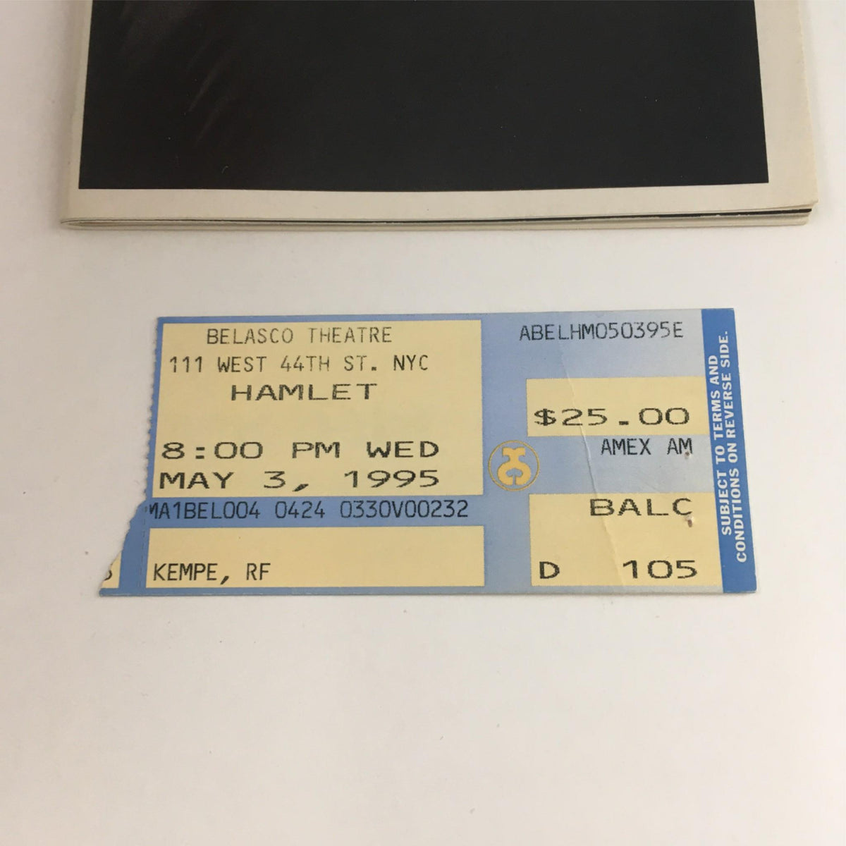 Original ticket for the 1995 production of Hamlet by William Shakespeare at Belasco Theatre, dated May 3, 1995.