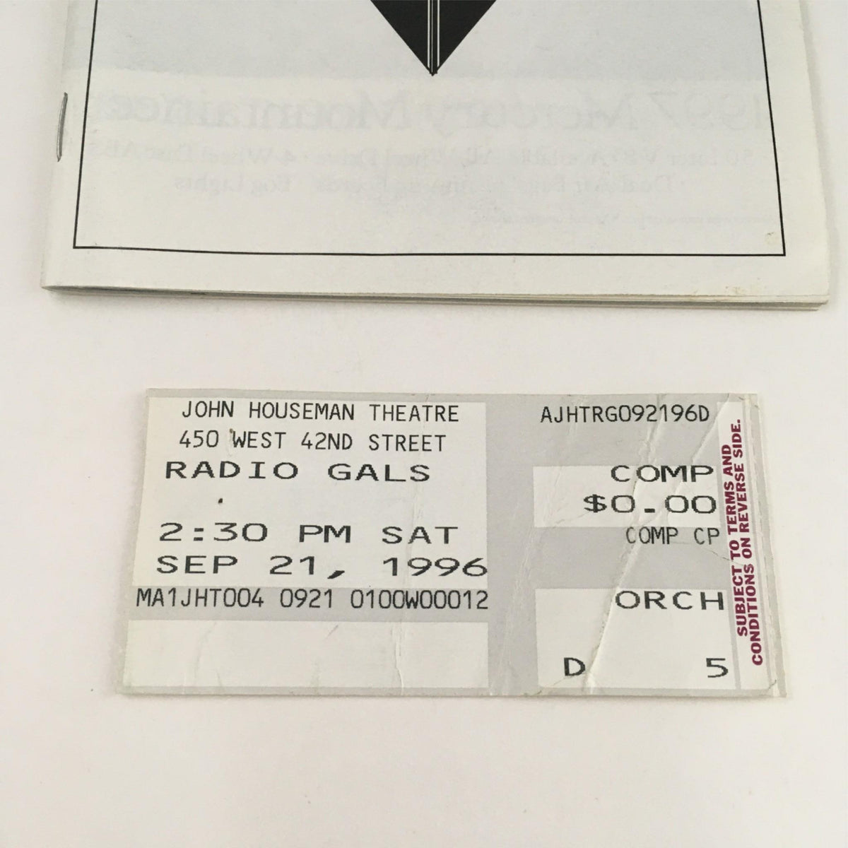 Original ticket for Radio Gals, September 21, 1996 at John Houseman Theatre.