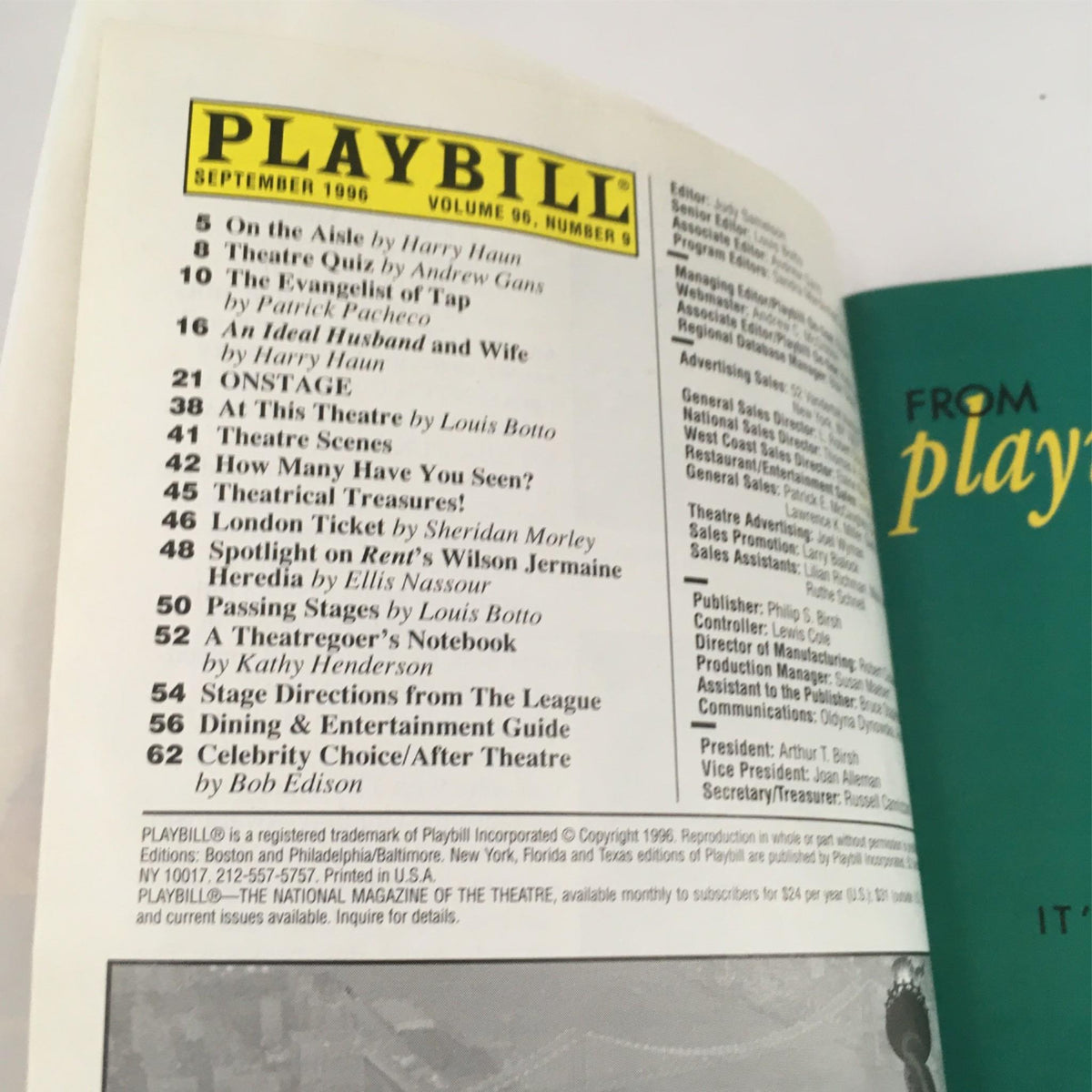 Inside page of 1996 Playbill for Radio Gals listing contents and articles.