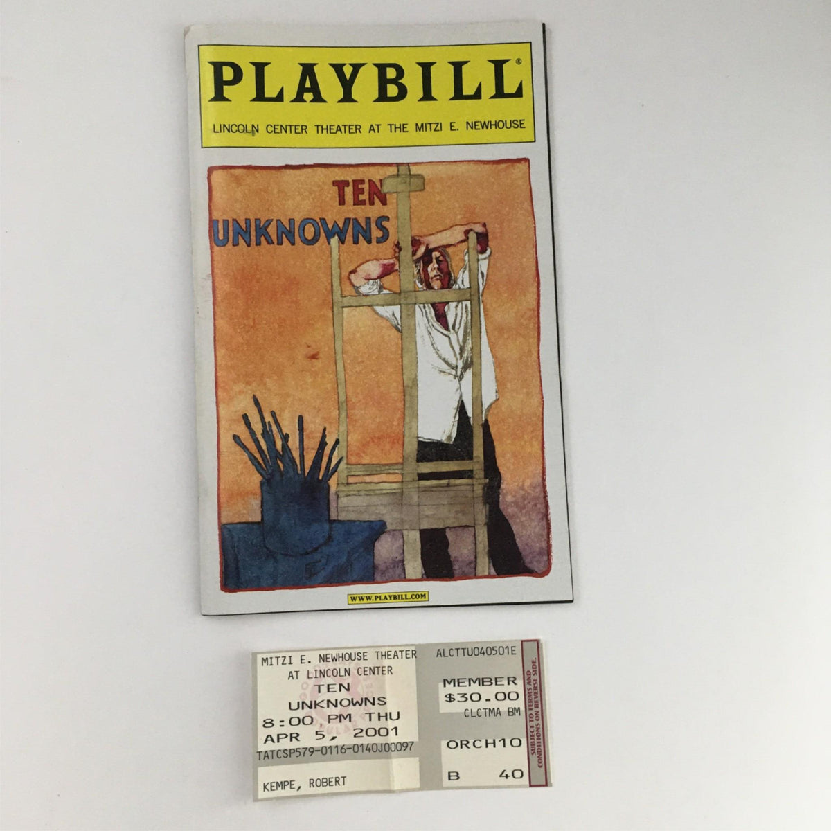 2001 Playbill for 'Ten Unknowns' by Jon Robin Baitz featuring a creative cover illustration, showcasing the theatrical production at the Mitzi E. Newhouse Theater.