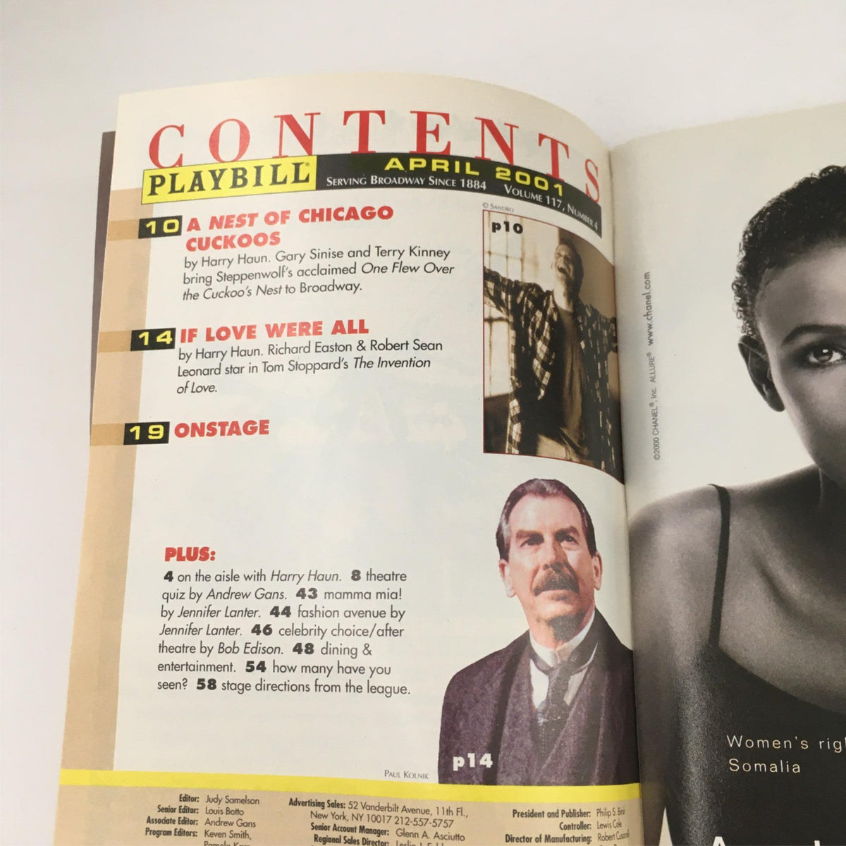 Playbill contents page from April 2001 edition featuring 'Ten Unknowns' by Jon Robin Baitz, highlighting other theatrical works and articles.