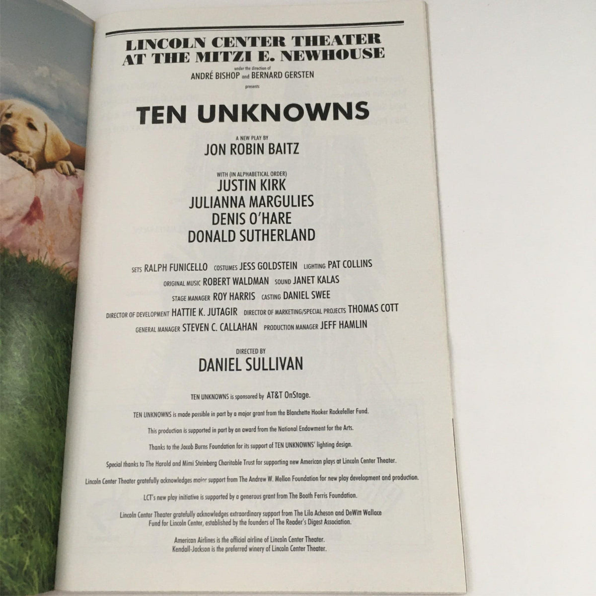 Inside page of the 2001 Playbill for 'Ten Unknowns' by Jon Robin Baitz listing the cast and crew along with credits for the performance directed by Daniel Sullivan.