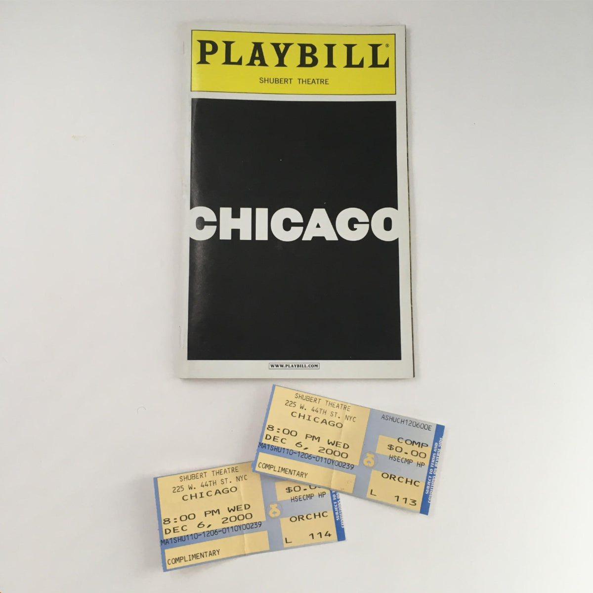 2000 Playbill Chicago by Walter Bobbie at Sam S. Shubert Theatre with two original tickets and classic black and yellow design.