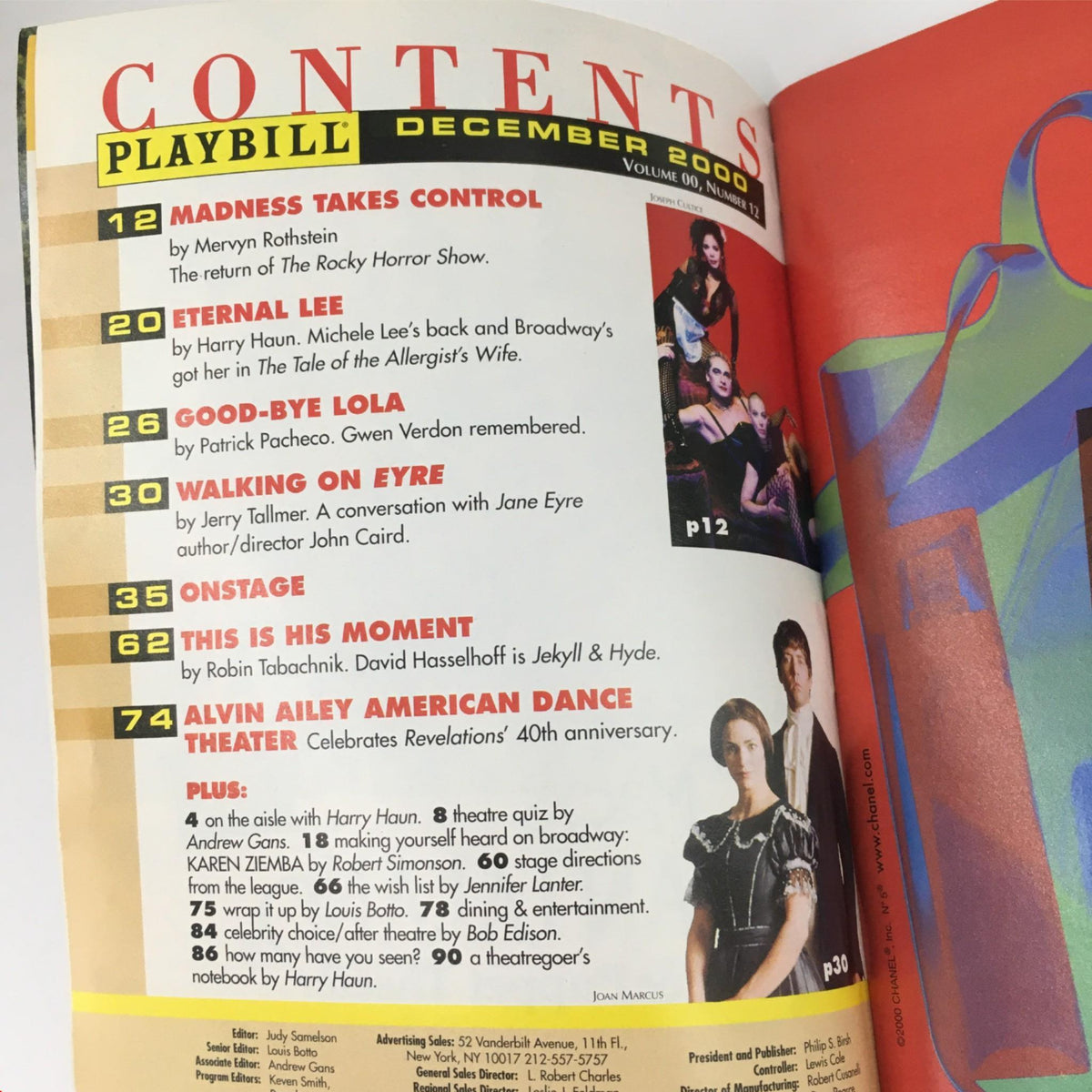 Contents page from the December 2000 Playbill for Chicago at Sam S. Shubert Theatre, showcasing featured articles and advertisements.